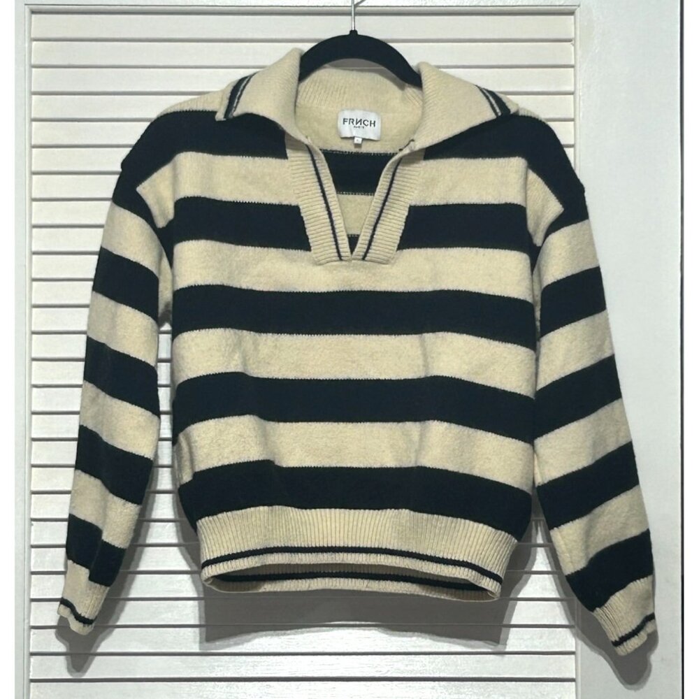 Frnch Paris Women's Black Cream Mika Striped Collared Crop Sweater Size S 3079 - Picture 10 of 12